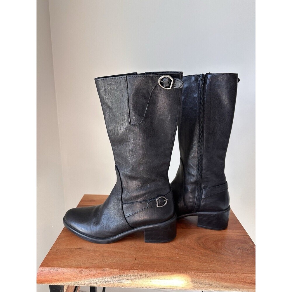 Emanuele Crasto Italian Leather Riding Boots Buckle Moto Mid Calf Black EU 38